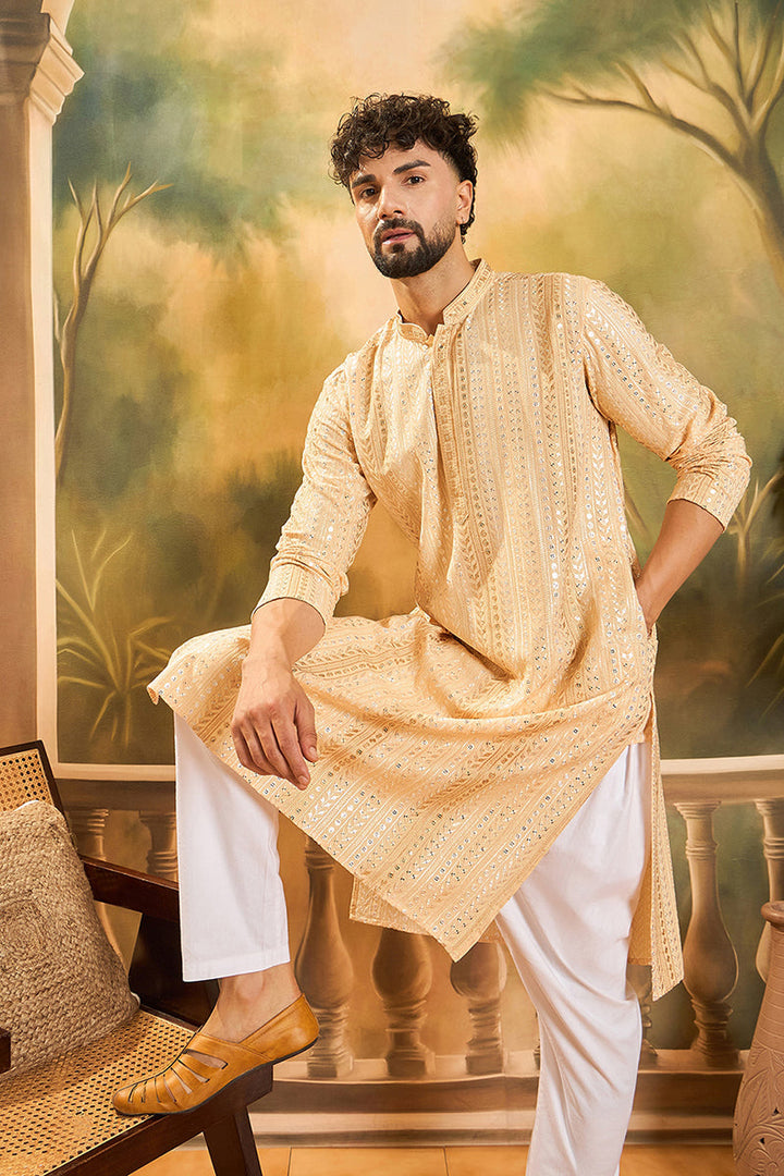 Cream Viscose Rayon Solid Embroidered Straight Kurta | SHOBITAM