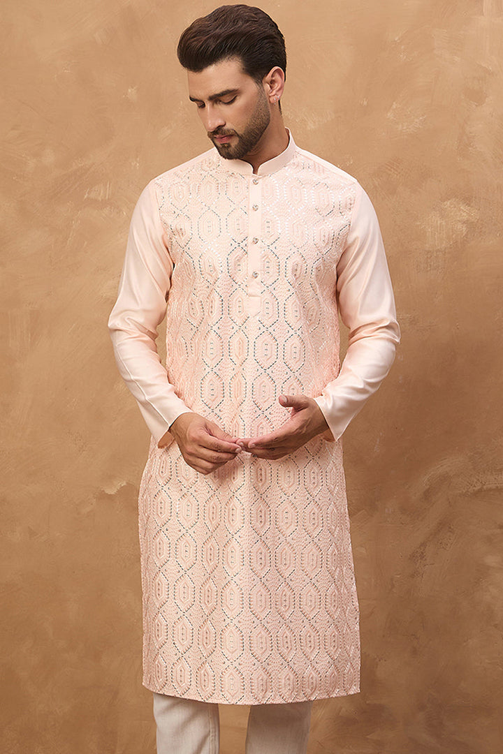 Peach Silk Blend Solid Embroidered Straight Kurta | SHOBITAM