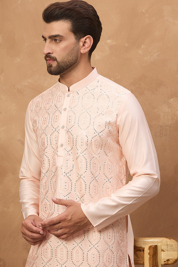 Peach Silk Blend Solid Embroidered Straight Kurta | SHOBITAM