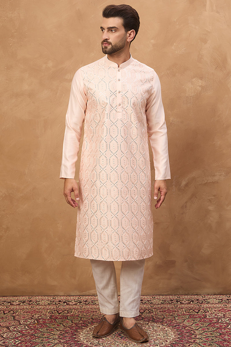 Peach Silk Blend Solid Embroidered Straight Kurta | SHOBITAM