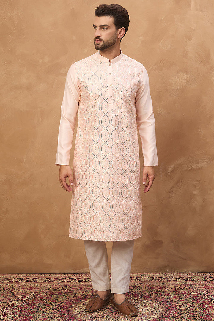 Peach Silk Blend Solid Embroidered Straight Kurta | SHOBITAM