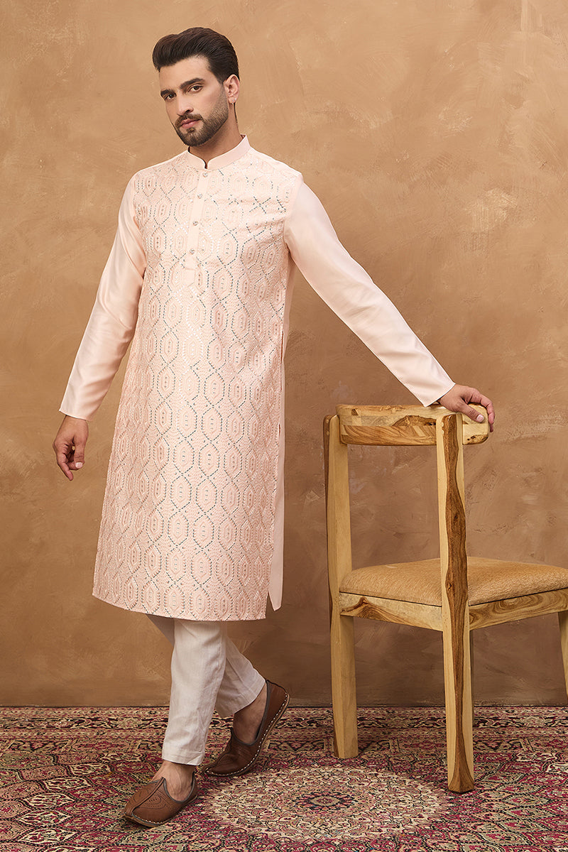 Peach Silk Blend Solid Embroidered Straight Kurta | SHOBITAM