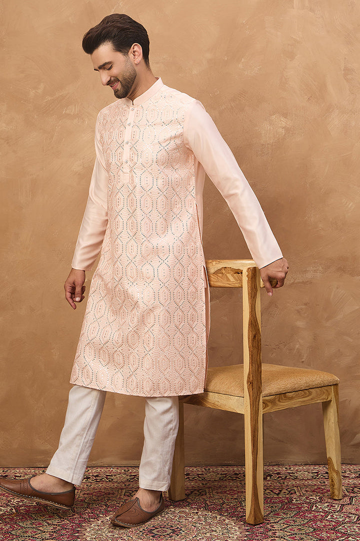 Peach Silk Blend Solid Embroidered Straight Kurta | SHOBITAM