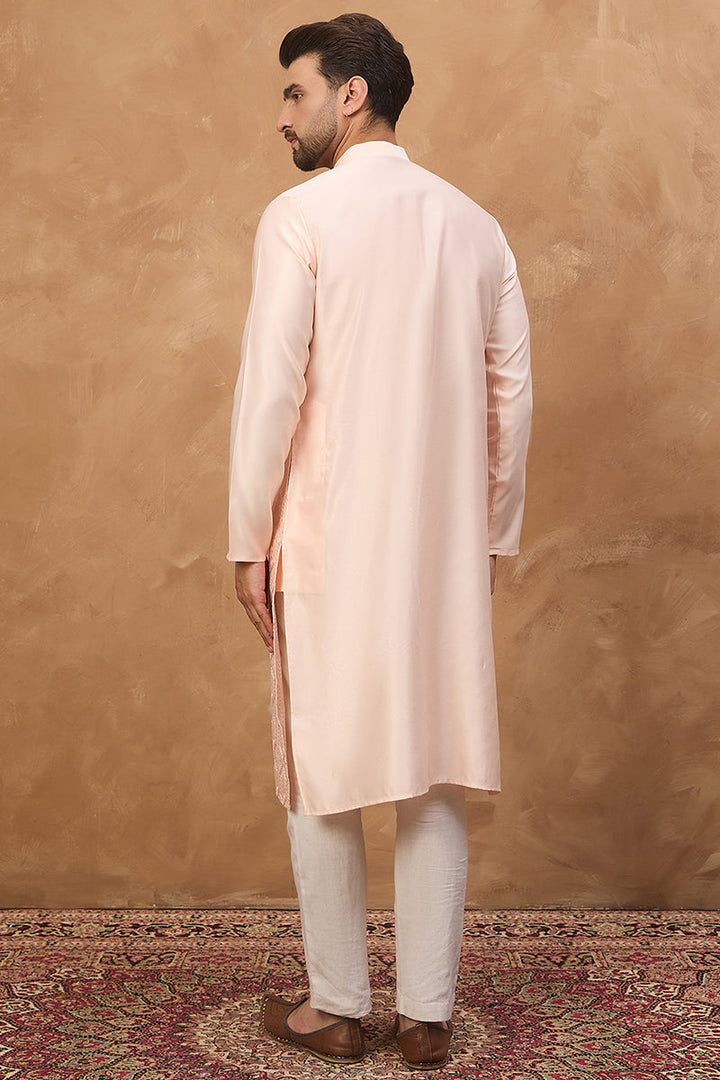 Peach Silk Blend Solid Embroidered Straight Kurta | SHOBITAM