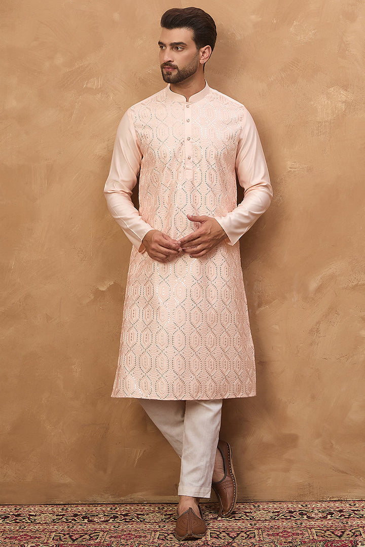 Peach Silk Blend Solid Embroidered Straight Kurta | SHOBITAM