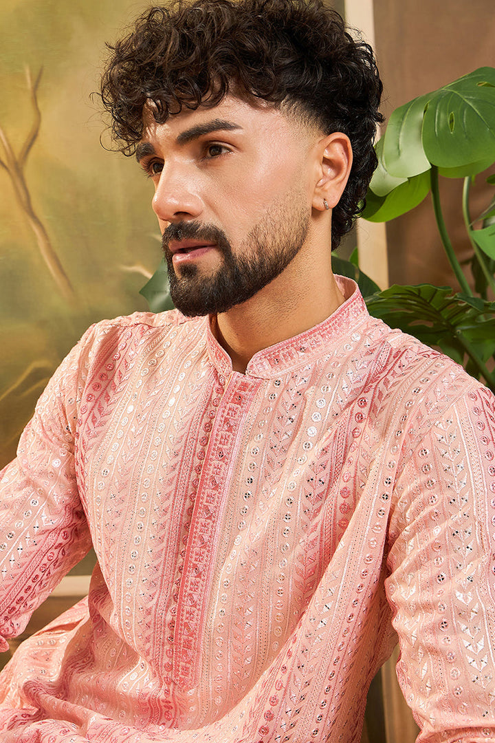 Peach Viscose Rayon Solid Embroidered Straight Kurta | SHOBITAM