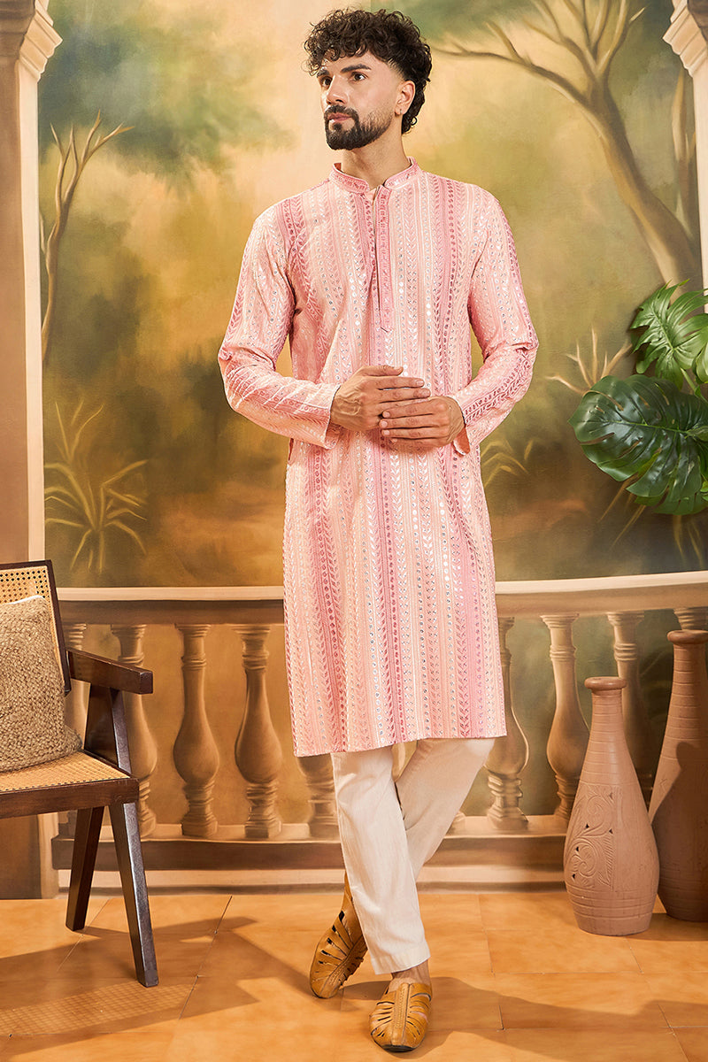 Peach Viscose Rayon Solid Embroidered Straight Kurta | SHOBITAM