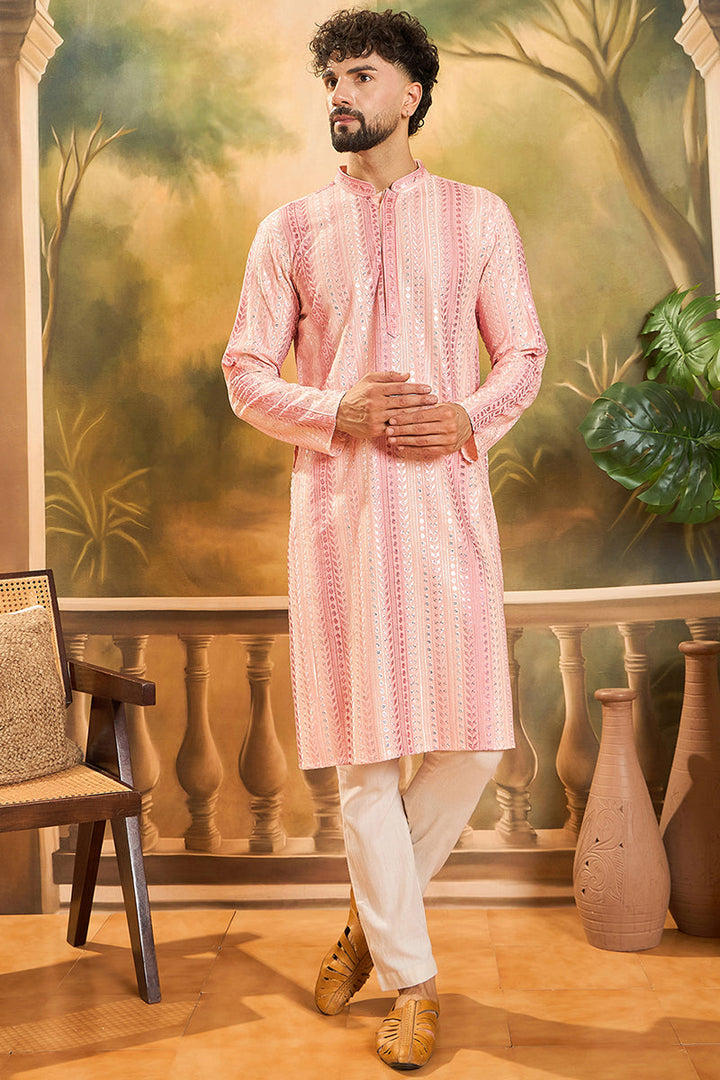 Peach Viscose Rayon Solid Embroidered Straight Kurta | SHOBITAM