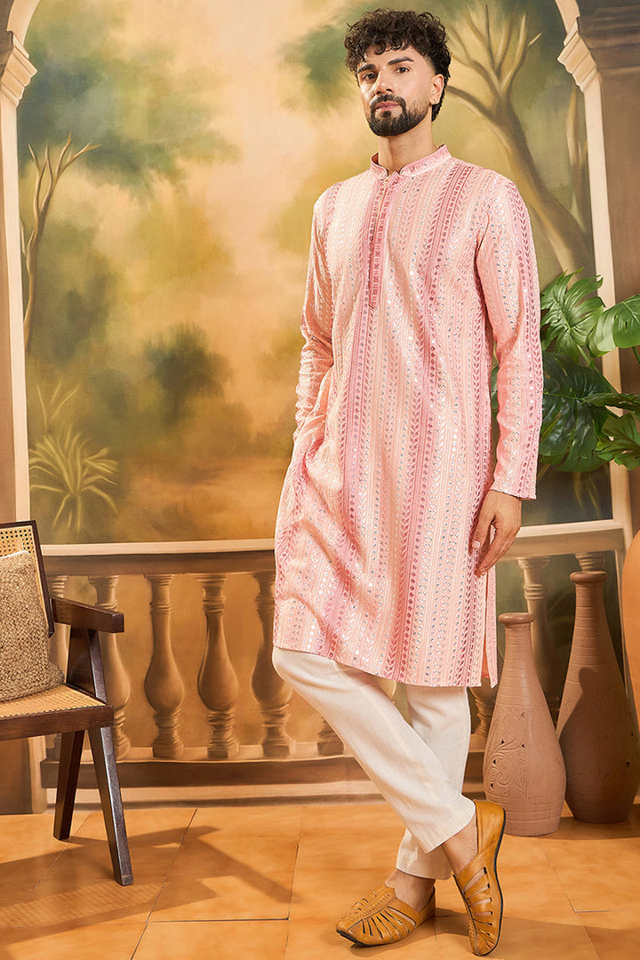 Peach Viscose Rayon Solid Embroidered Straight Kurta | SHOBITAM