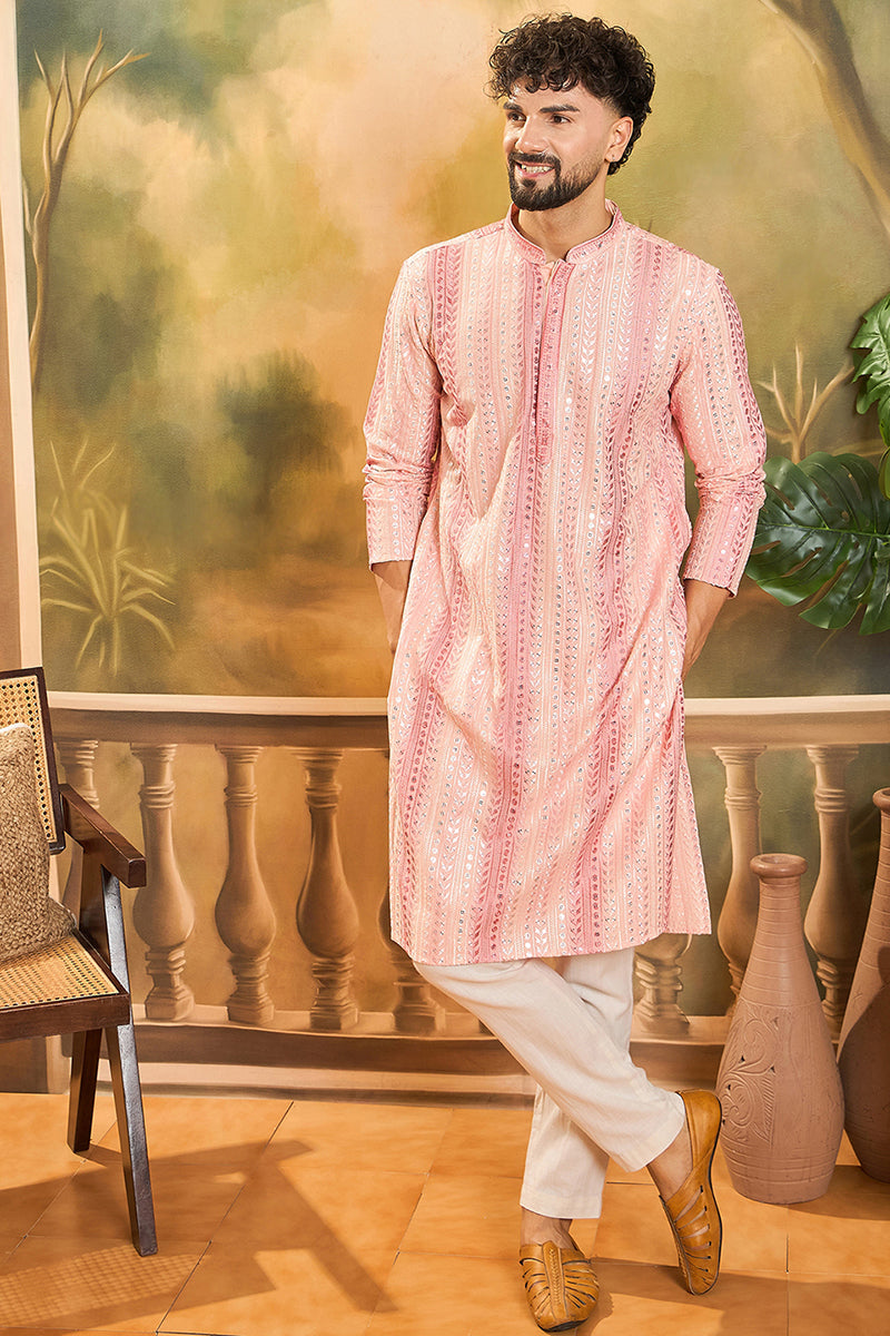 Peach Viscose Rayon Solid Embroidered Straight Kurta | SHOBITAM