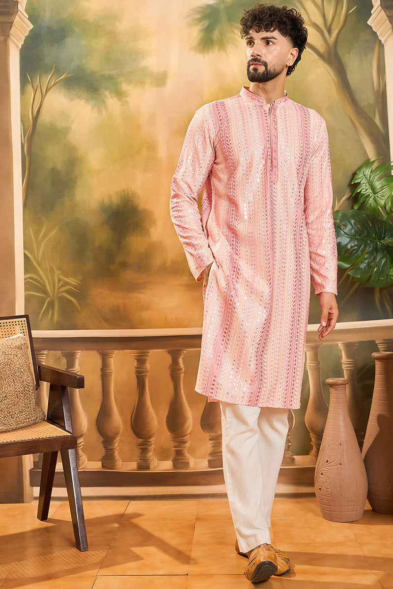 Peach Viscose Rayon Solid Embroidered Straight Kurta | SHOBITAM