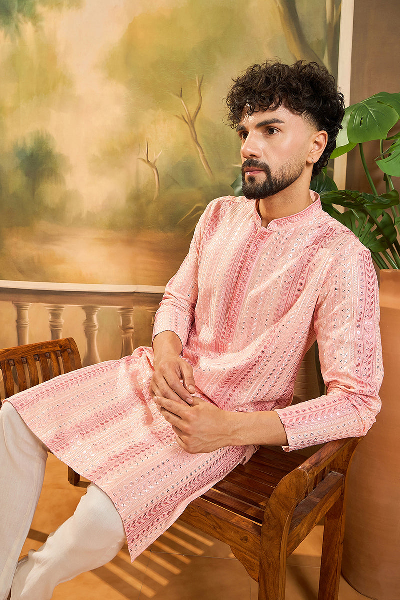 Peach Viscose Rayon Solid Embroidered Straight Kurta | SHOBITAM