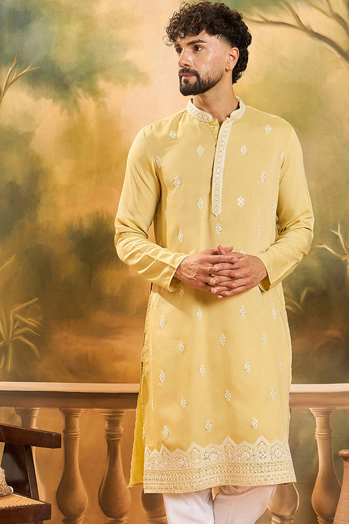 Yellow Silk Solid Embroidered Straight Kurta | SHOBITAM