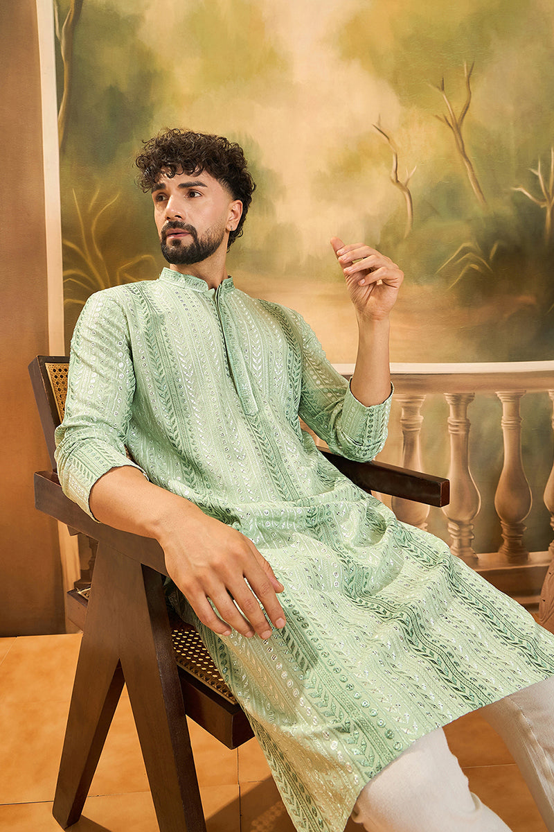 Green Viscose Rayon Solid Embroidered Straight Kurta | SHOBITAM