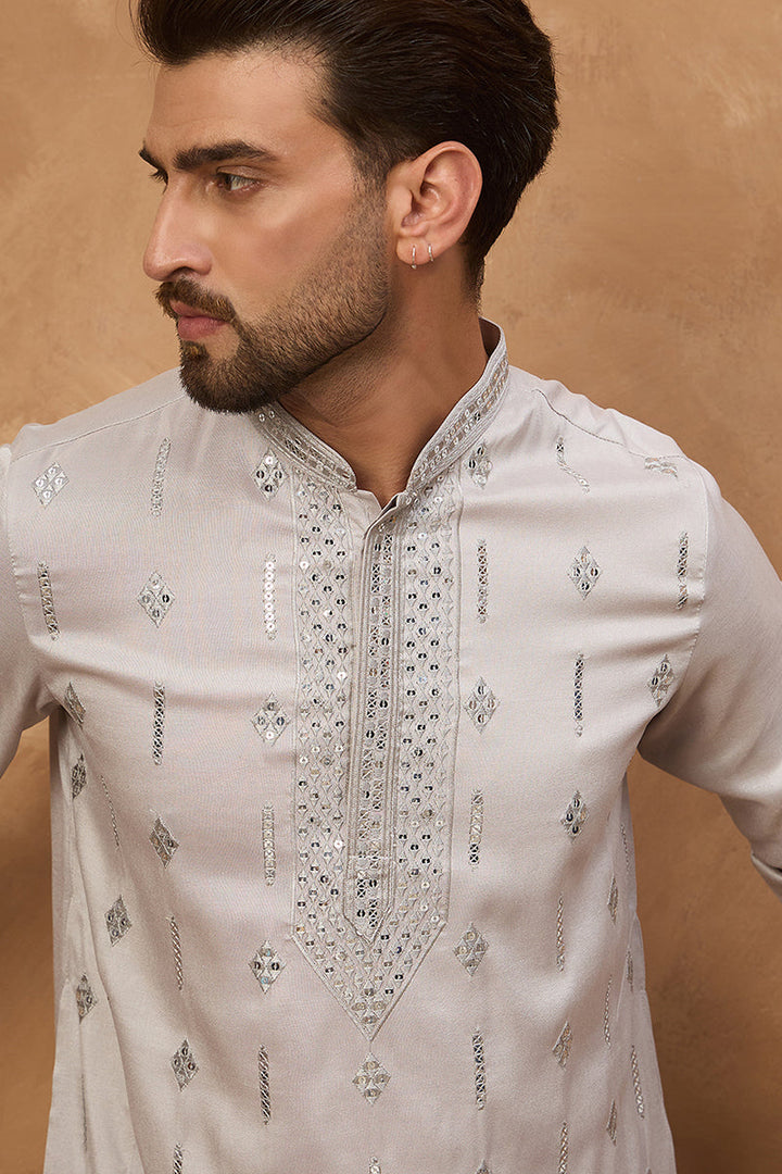 Grey Silk Blend Solid Embroidered Straight Kurta | SHOBITAM