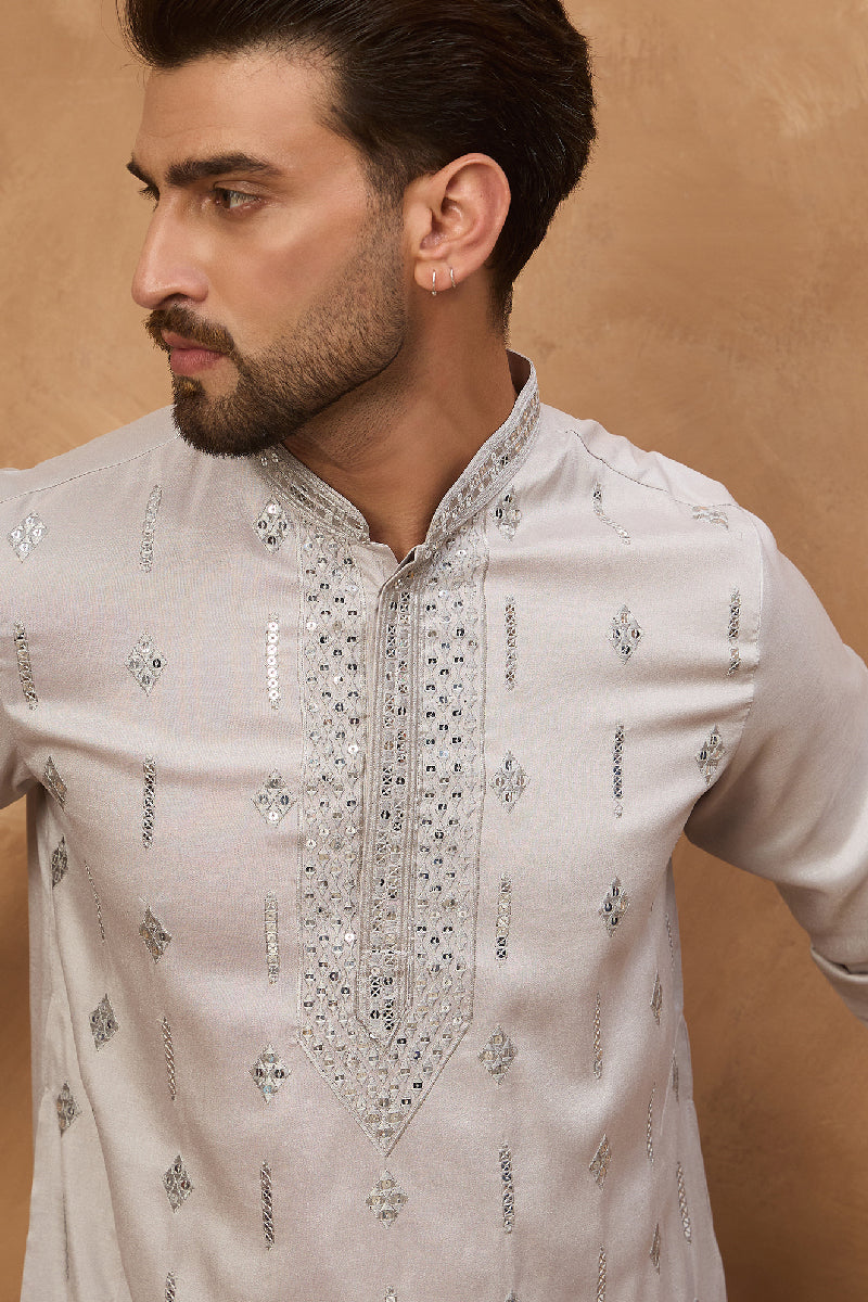 Grey Silk Blend Solid Embroidered Straight Kurta With Pant Set | SHOBITAM