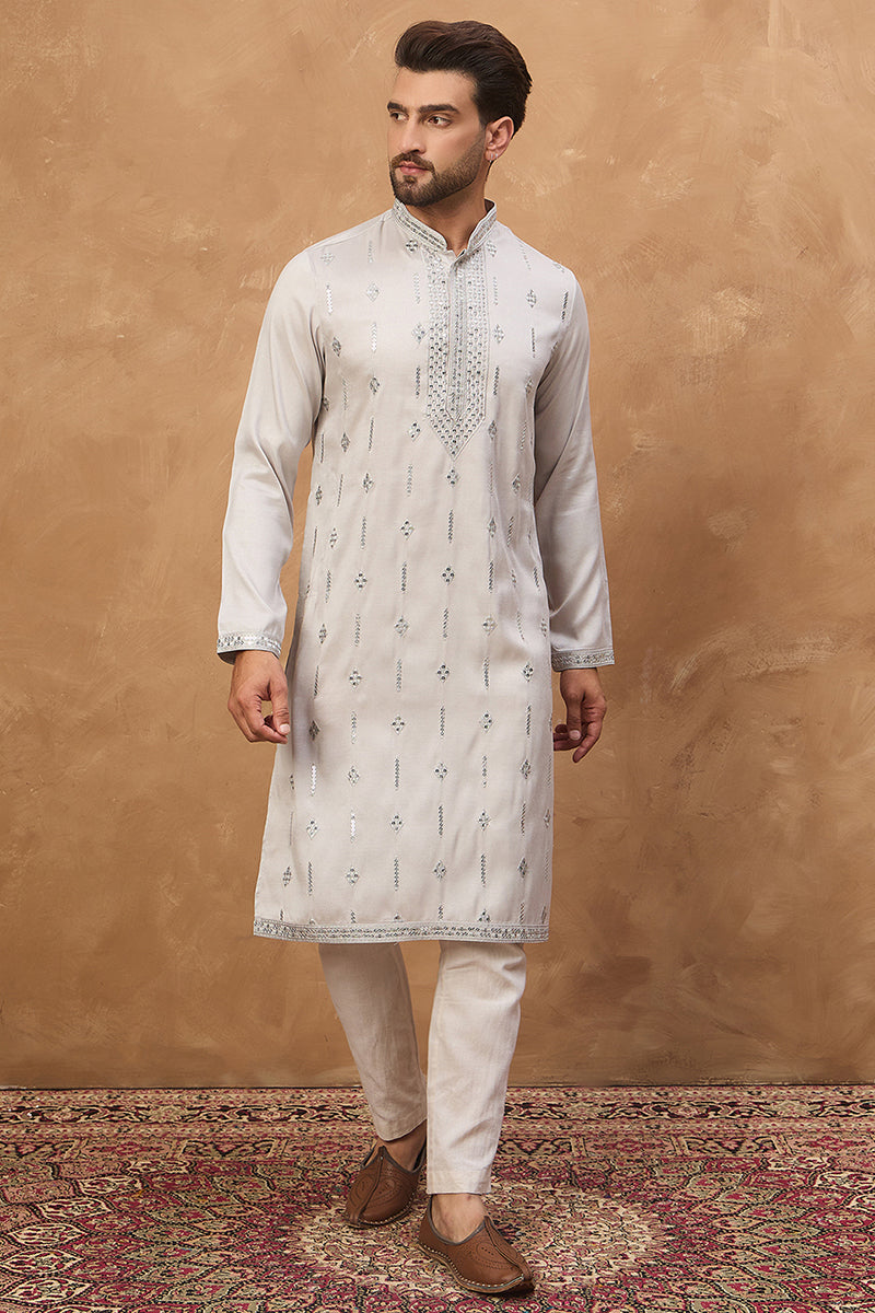 Grey Silk Blend Solid Embroidered Straight Kurta | SHOBITAM