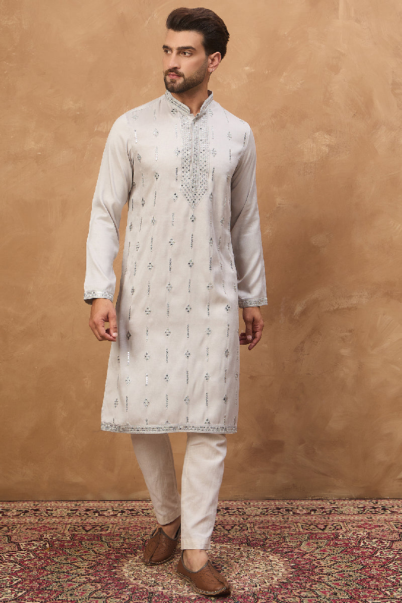 Grey Silk Blend Solid Embroidered Straight Kurta With Pant Set | SHOBITAM