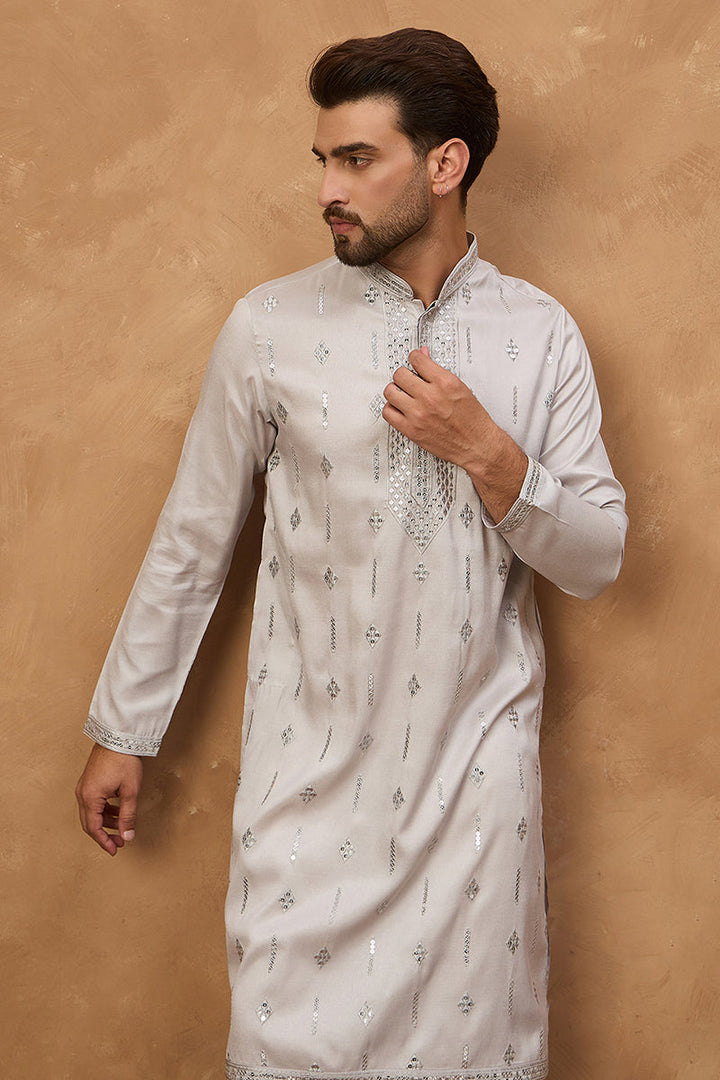 Grey Silk Blend Solid Embroidered Straight Kurta | SHOBITAM