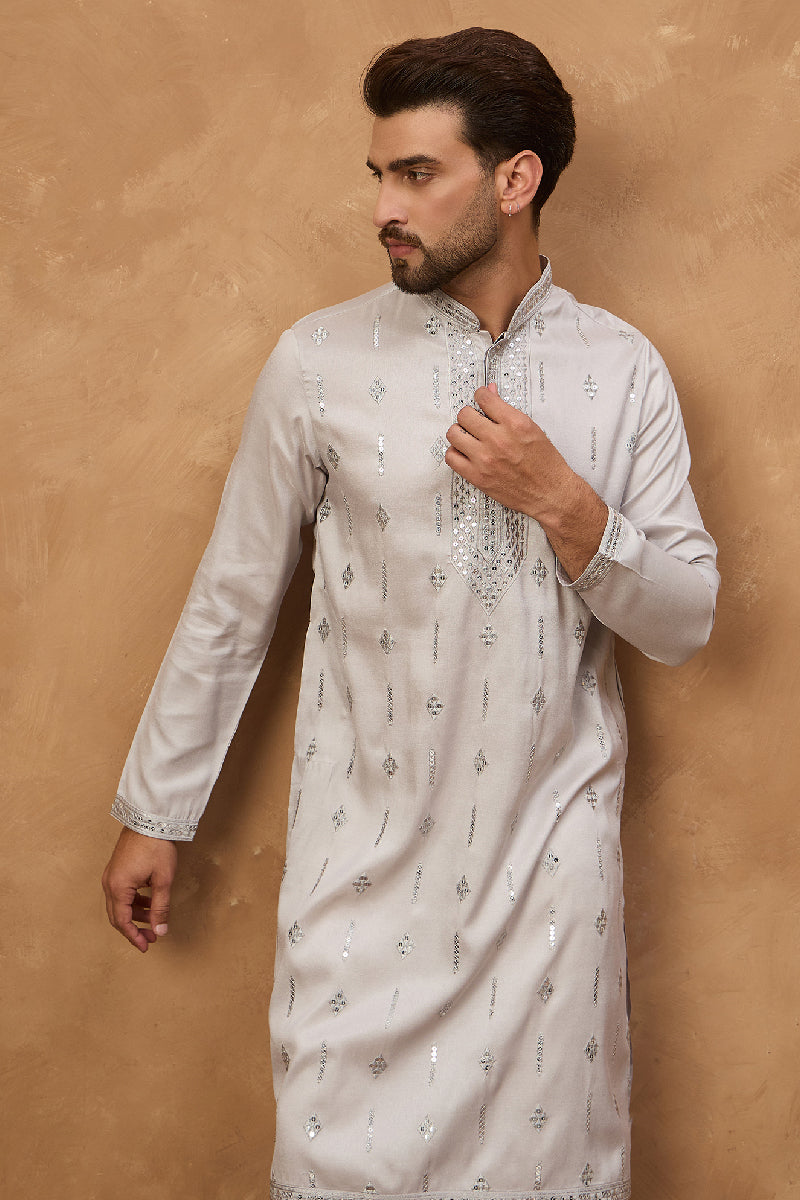 Grey Silk Blend Solid Embroidered Straight Kurta With Pant Set | SHOBITAM