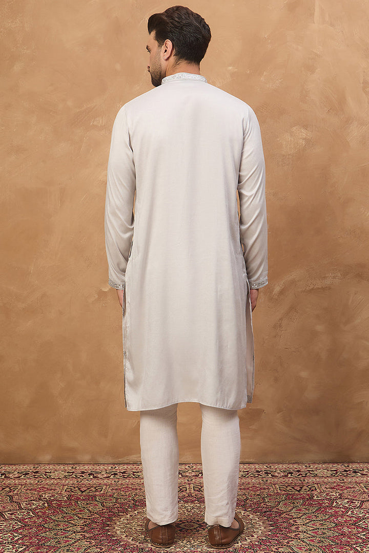 Grey Silk Blend Solid Embroidered Straight Kurta | SHOBITAM