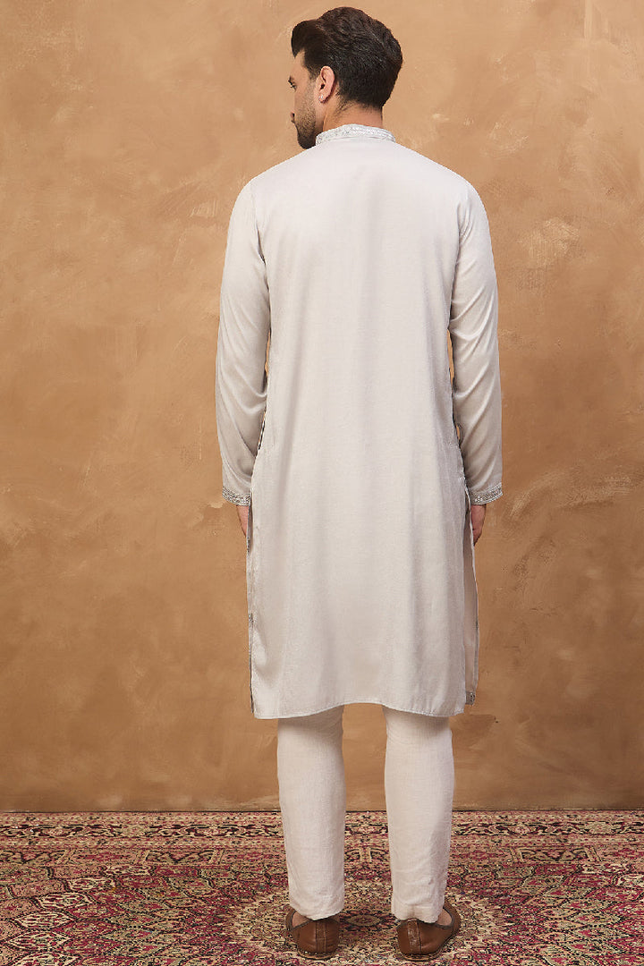 Grey Silk Blend Solid Embroidered Straight Kurta With Pant Set | SHOBITAM