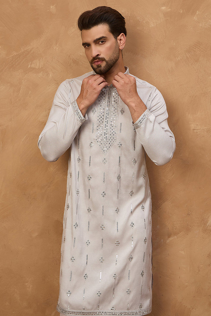 Grey Silk Blend Solid Embroidered Straight Kurta | SHOBITAM