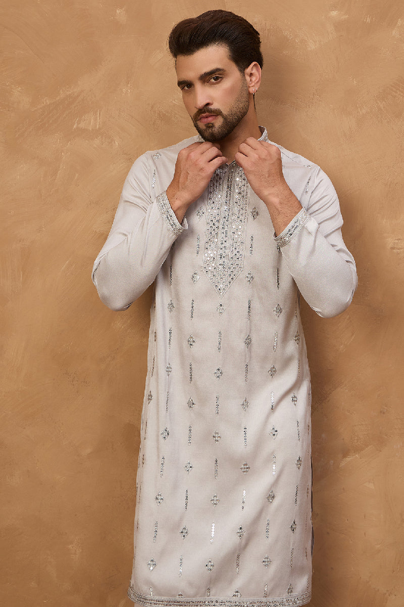 Grey Silk Blend Solid Embroidered Straight Kurta With Pant Set | SHOBITAM