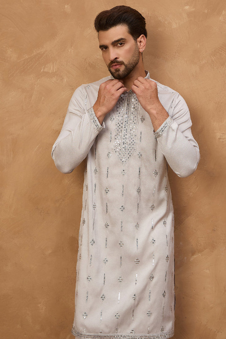 Grey Silk Blend Solid Embroidered Straight Kurta With Pant Set | SHOBITAM