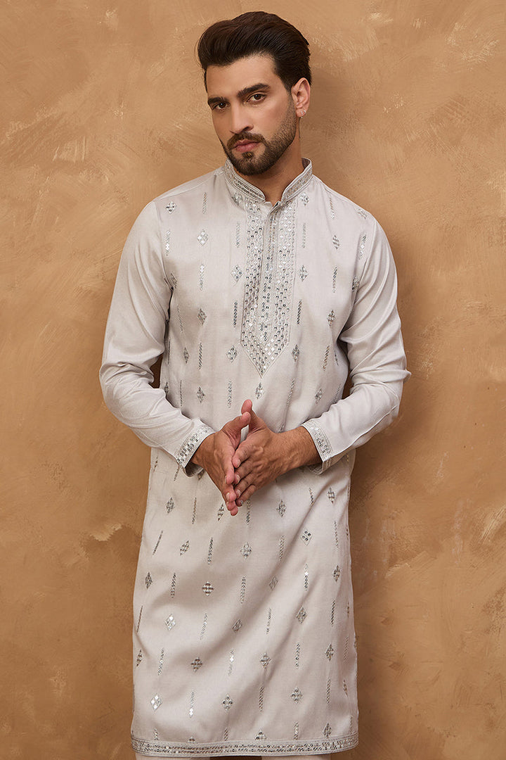 Grey Silk Blend Solid Embroidered Straight Kurta | SHOBITAM