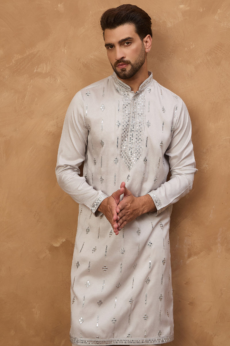 Grey Silk Blend Solid Embroidered Straight Kurta With Pant Set | SHOBITAM