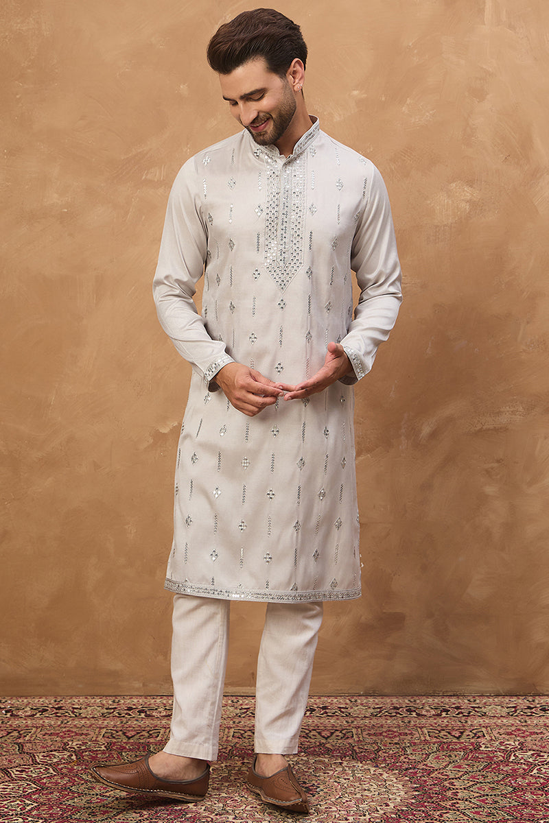 Grey Silk Blend Solid Embroidered Straight Kurta | SHOBITAM