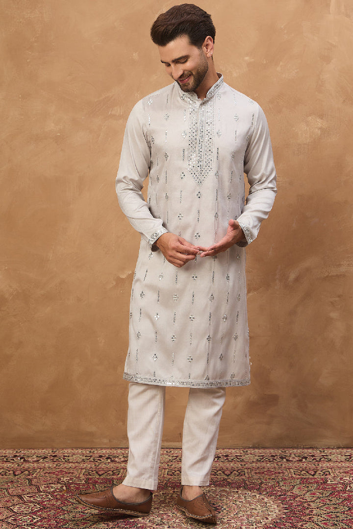 Grey Silk Blend Solid Embroidered Straight Kurta With Pant Set | SHOBITAM