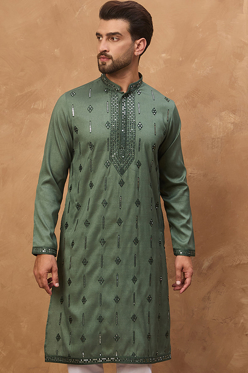 Green Silk Blend Solid Embroidered Straight Kurta | SHOBITAM