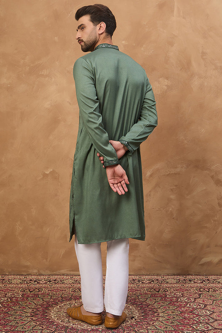 Green Silk Blend Solid Embroidered Straight Kurta With Pant Set | SHOBITAM