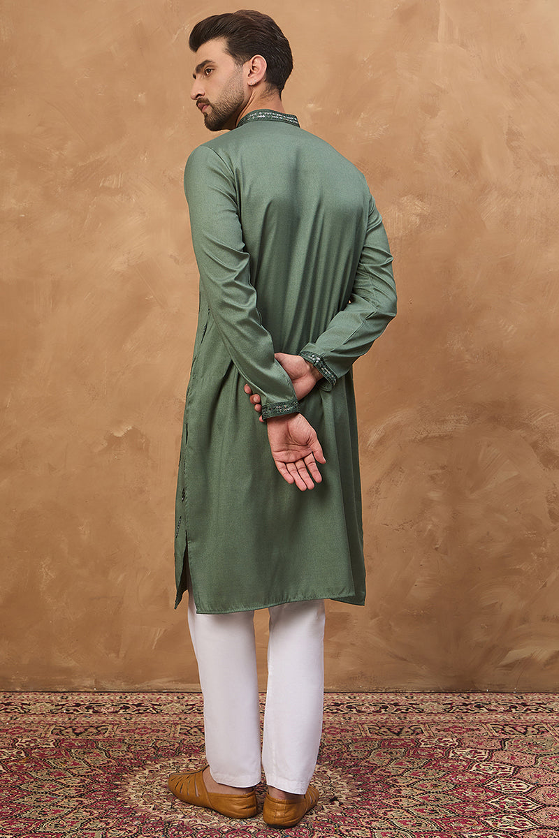 Green Silk Blend Solid Embroidered Straight Kurta | SHOBITAM
