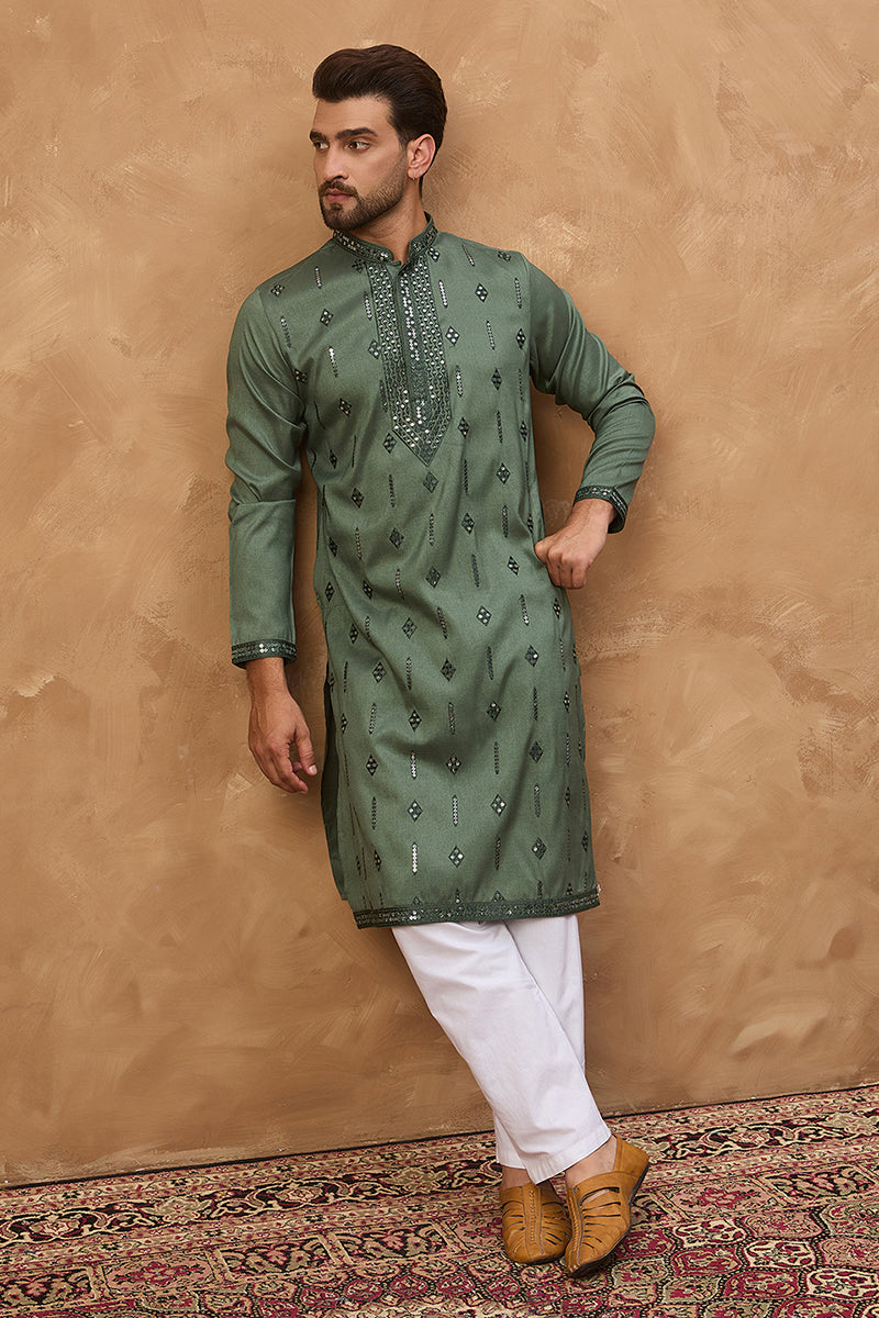 Green Silk Blend Solid Embroidered Straight Kurta | SHOBITAM