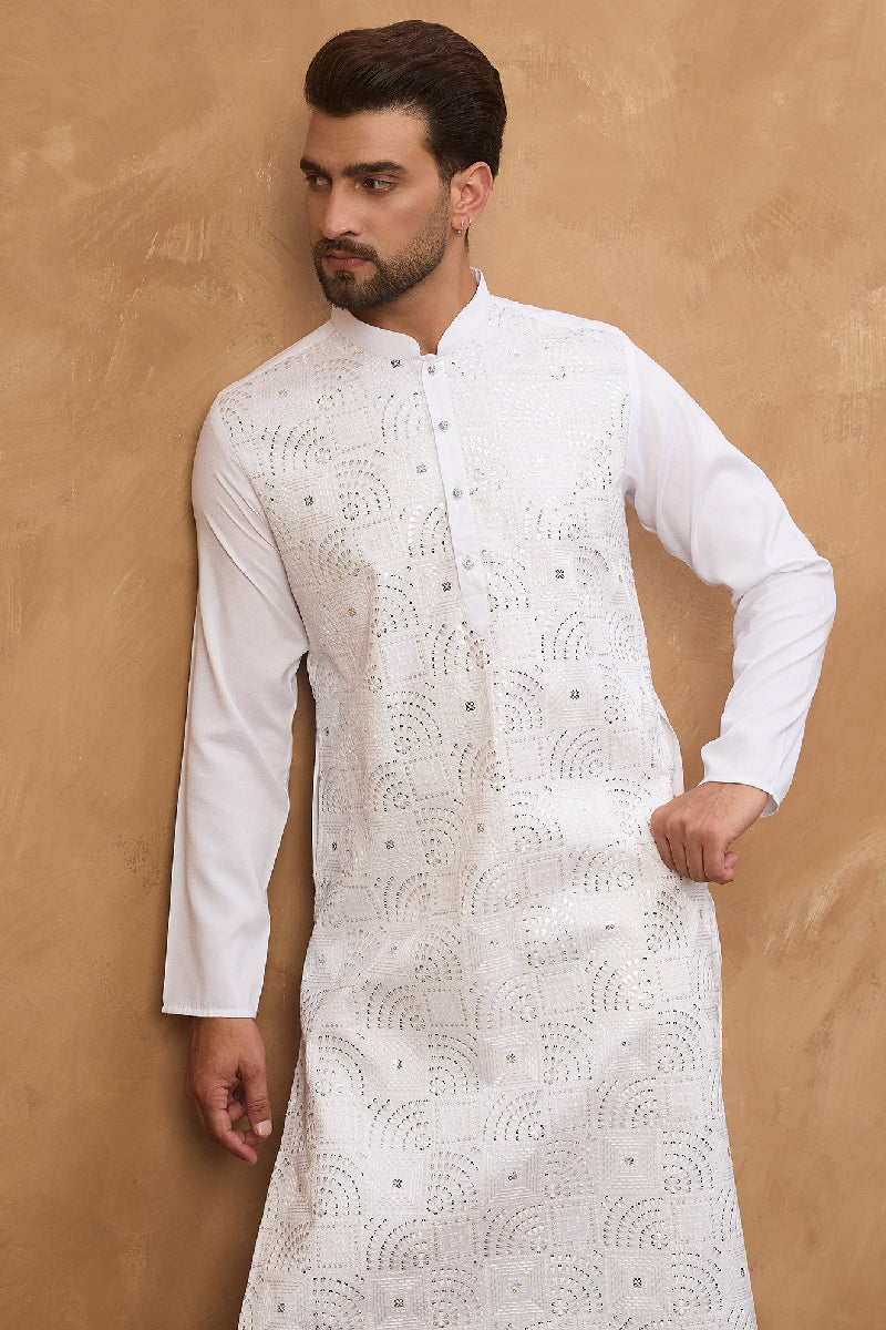 White Silk Blend Solid Embroidered Straight Kurta With Pant Set | SHOBITAM
