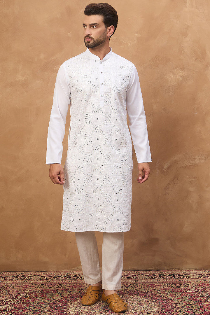 White Silk Blend Solid Embroidered Straight Kurta | SHOBITAM
