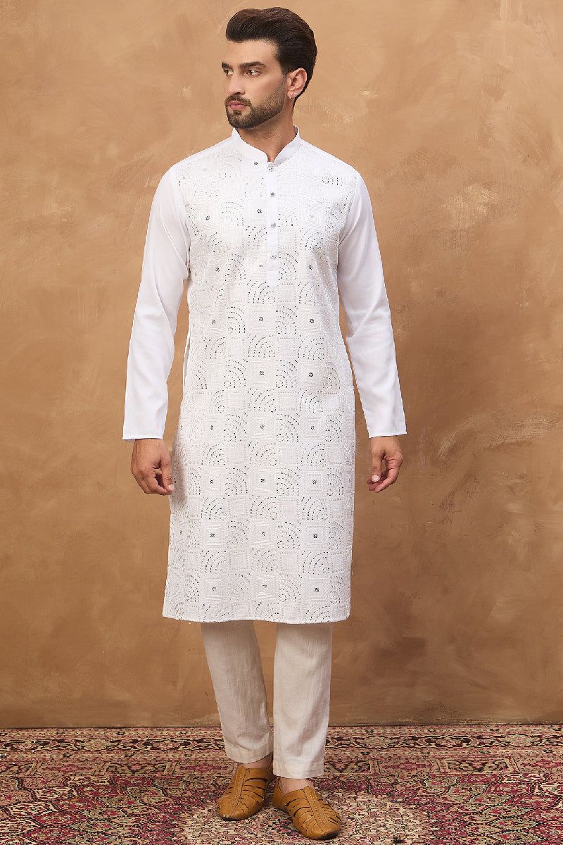 White Silk Blend Solid Embroidered Straight Kurta With Pant Set | SHOBITAM