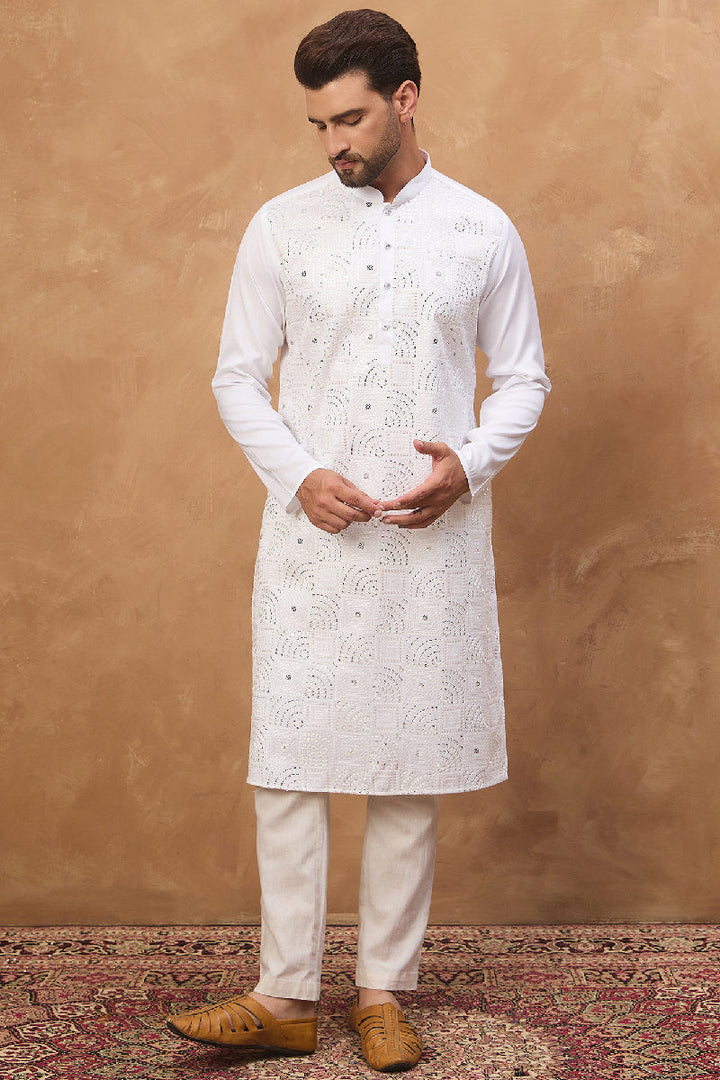 White Silk Blend Solid Embroidered Straight Kurta | SHOBITAM