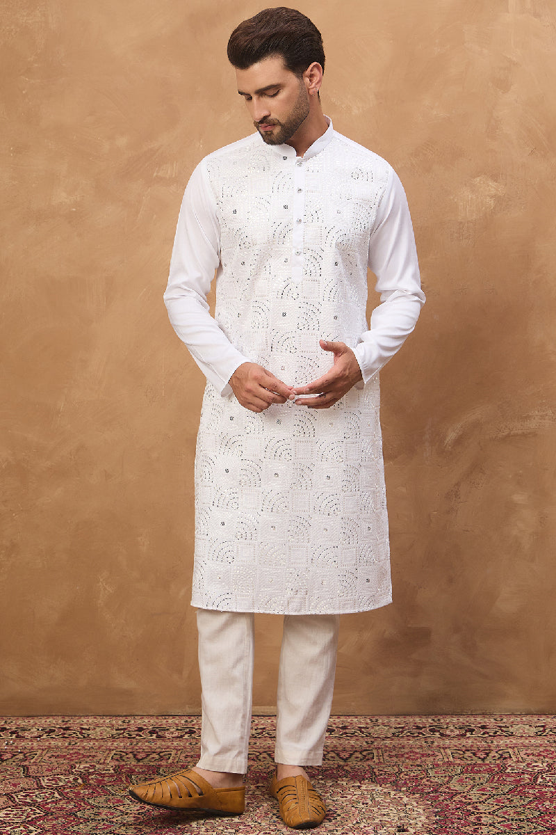 White Silk Blend Solid Embroidered Straight Kurta With Pant Set | SHOBITAM