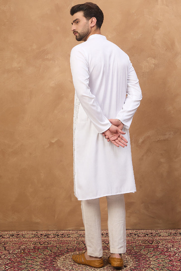 White Silk Blend Solid Embroidered Straight Kurta With Pant Set | SHOBITAM