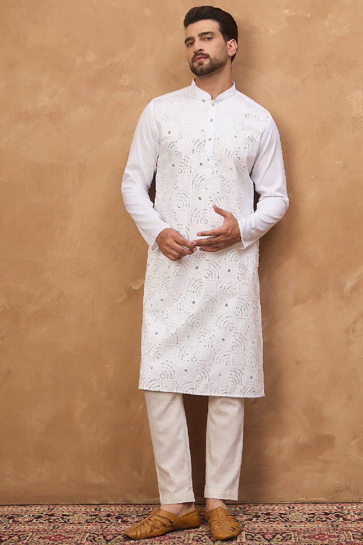 White Silk Blend Solid Embroidered Straight Kurta With Pant Set | SHOBITAM