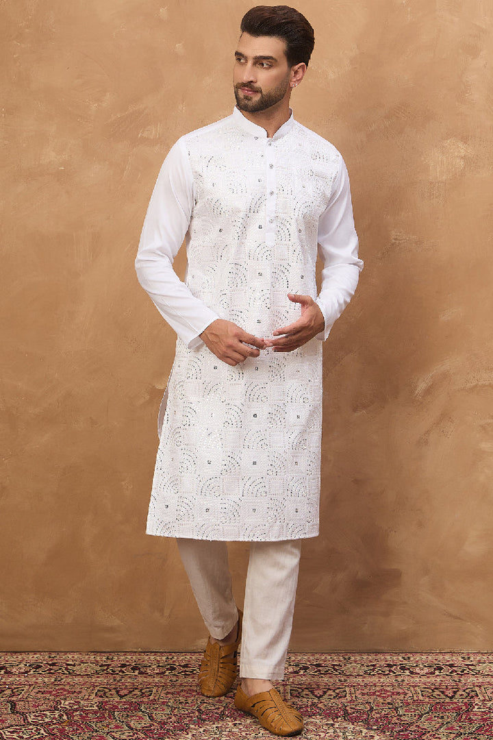 White Silk Blend Solid Embroidered Straight Kurta With Pant Set | SHOBITAM