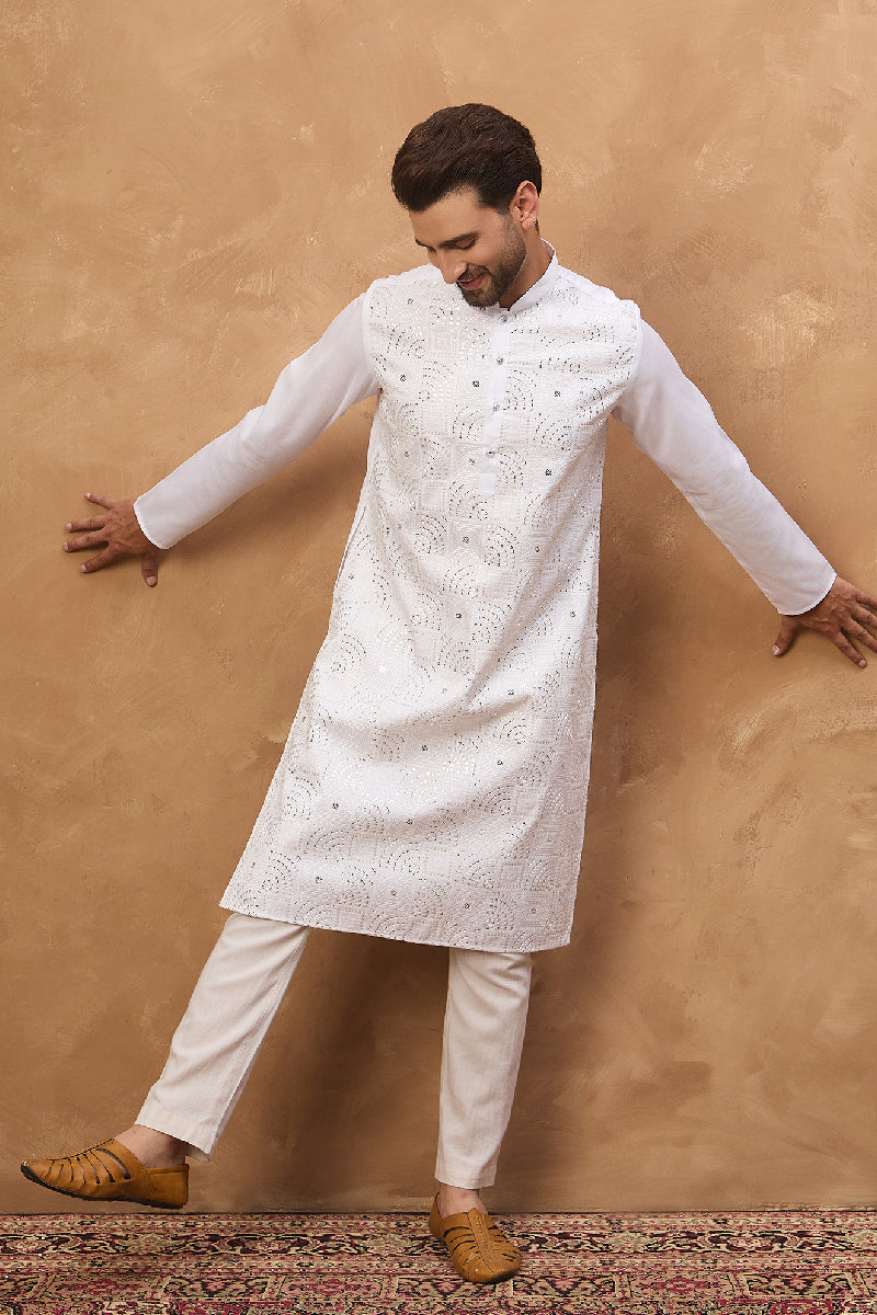 White Silk Blend Solid Embroidered Straight Kurta With Pant Set | SHOBITAM