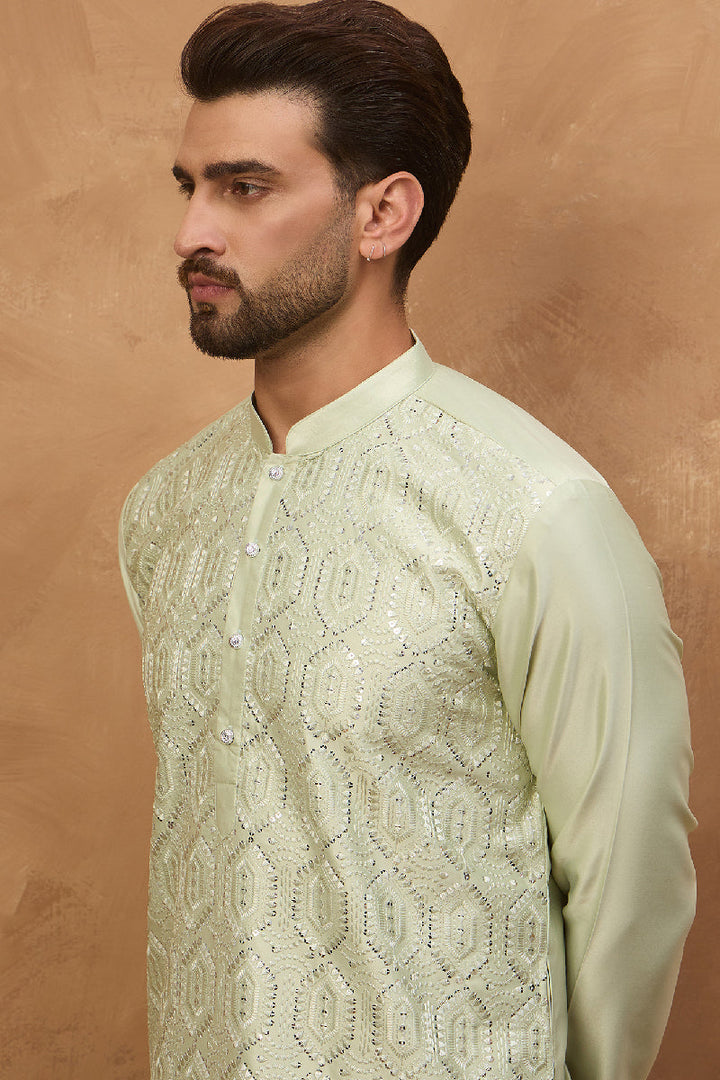 Peach Silk Blend Solid Embroidered Straight Kurta With Pant Set | SHOBITAM