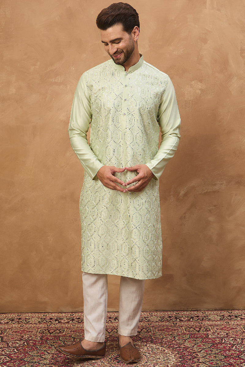 Peach Silk Blend Solid Embroidered Straight Kurta With Pant Set | SHOBITAM