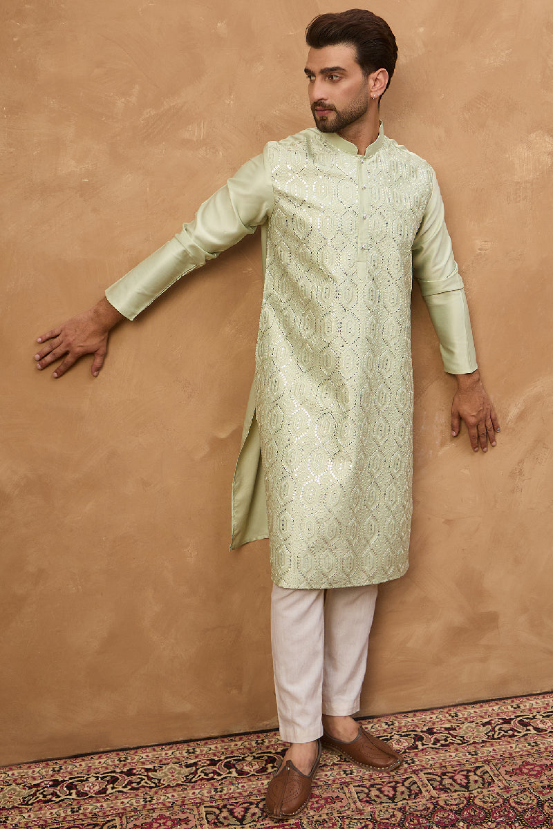 Peach Silk Blend Solid Embroidered Straight Kurta With Pant Set | SHOBITAM