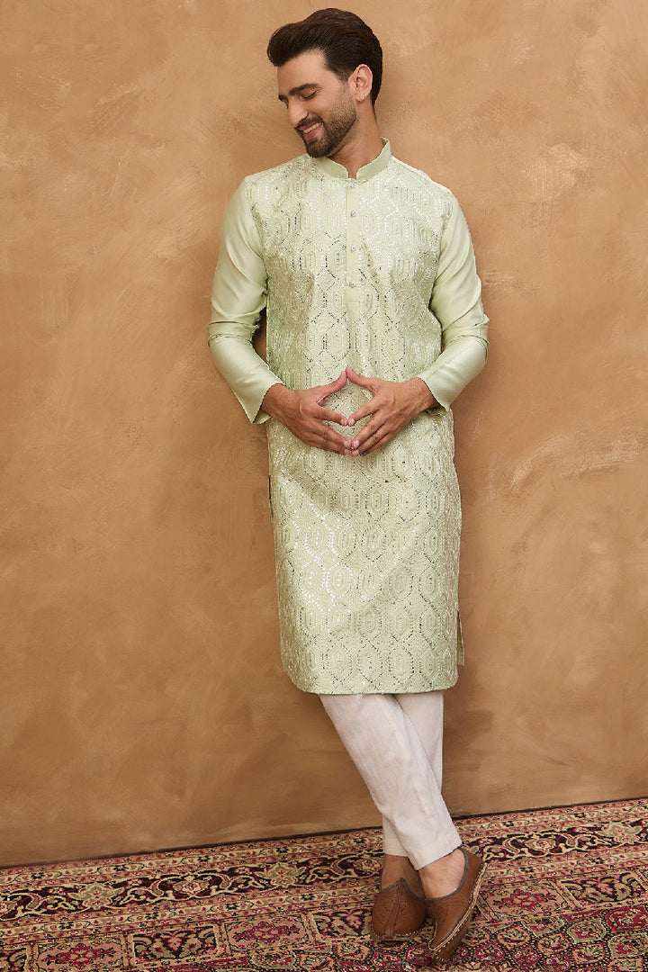Peach Silk Blend Solid Embroidered Straight Kurta With Pant Set | SHOBITAM